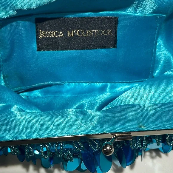 NWT JESSICA MCCLINTOK Sequined Bling Crossbody Clasp, 9”W x 5”H, Turquoise Blue - Picture 7 of 8